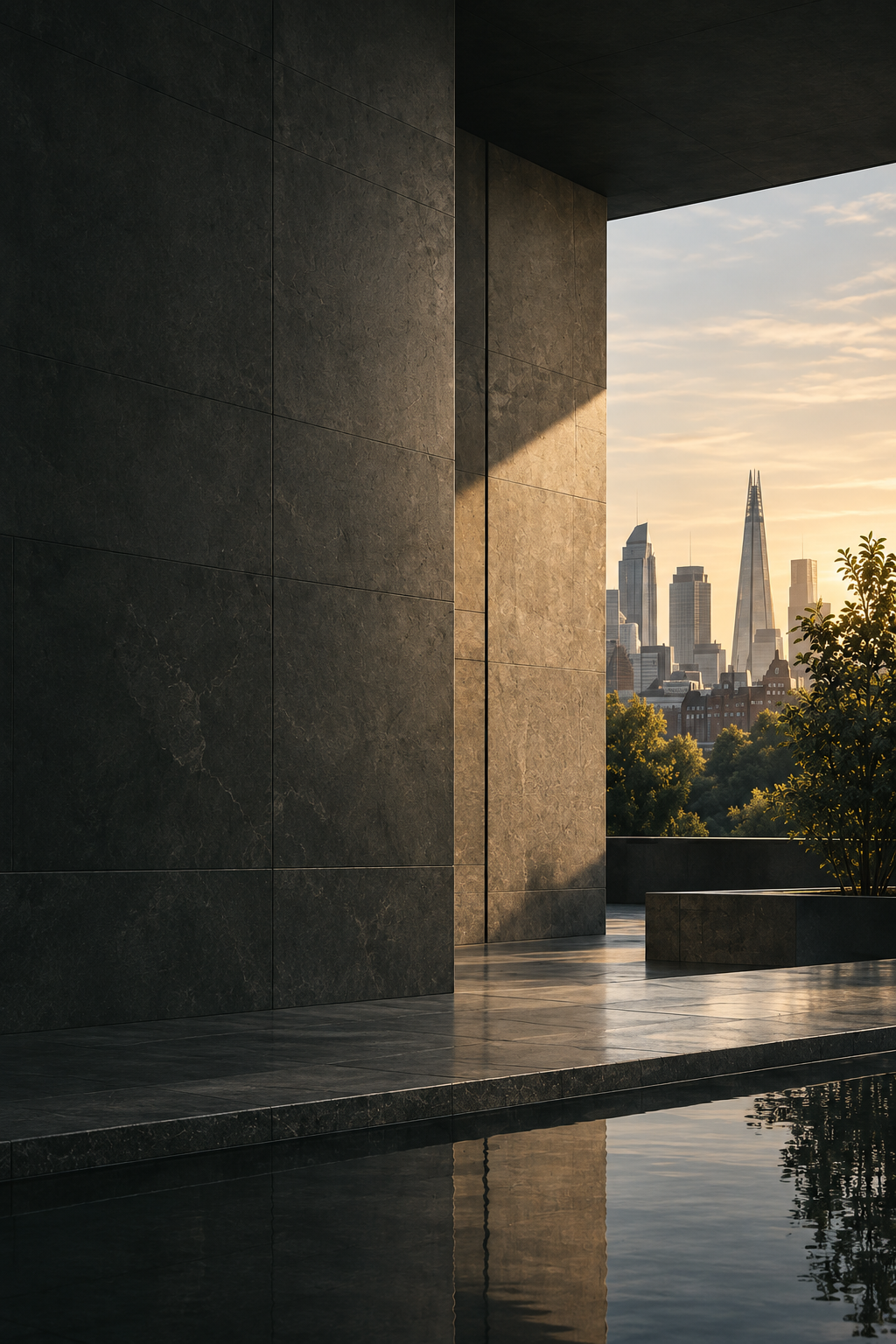London skyline and the Shard viewed from a stone portico above a reflecting pool