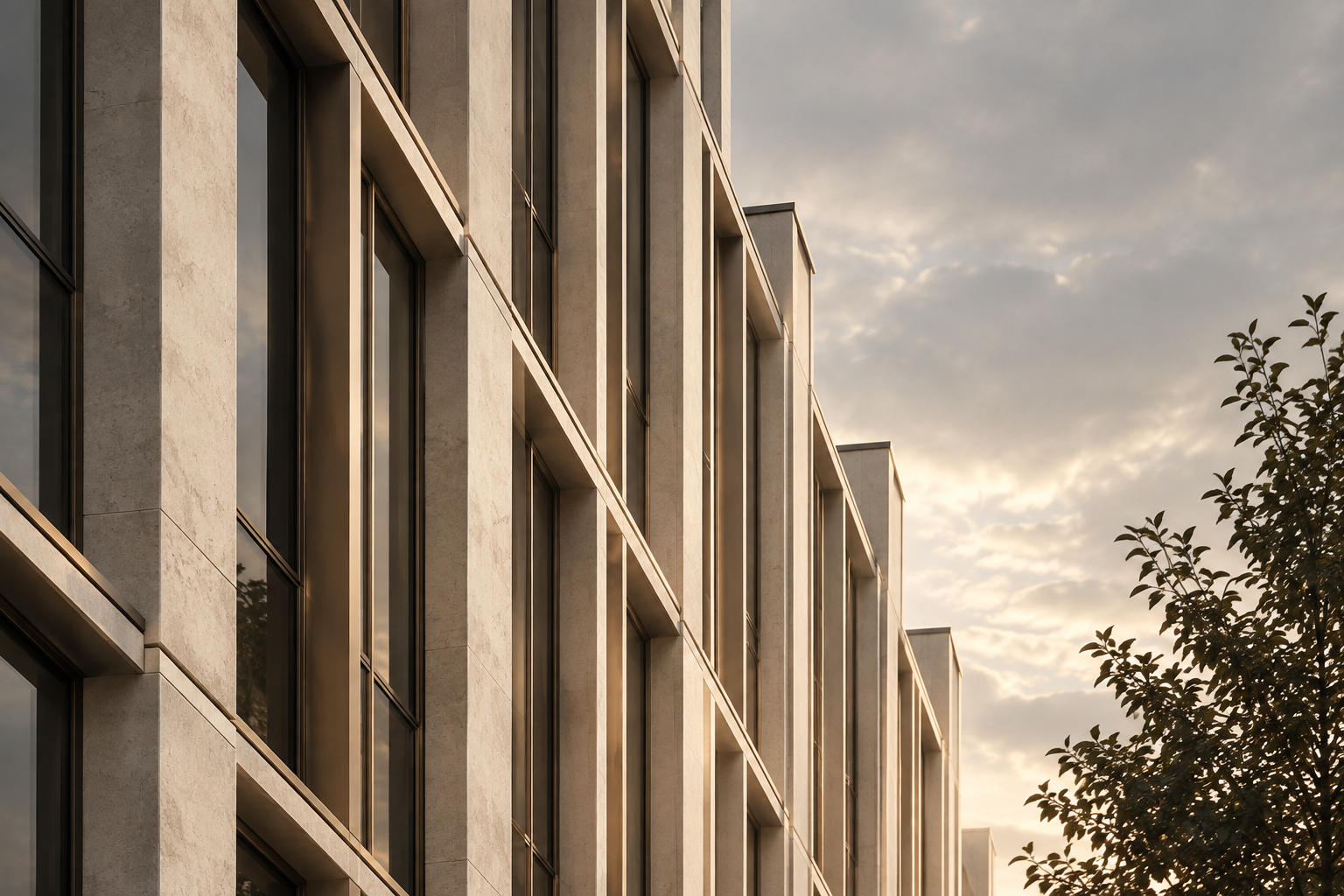 Tall limestone piers and recessed windows on a modern office facade