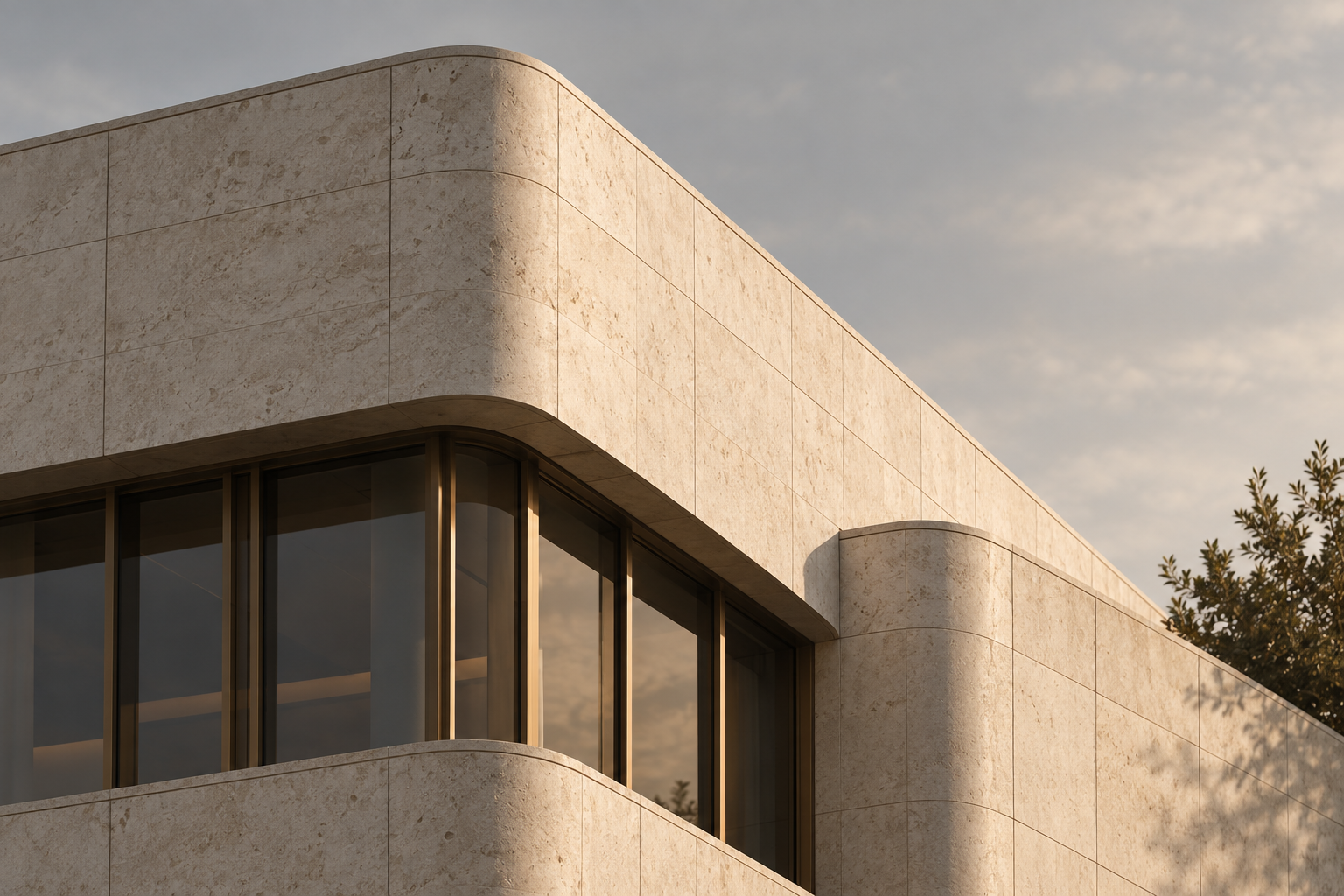 A curved limestone building corner with bronze-framed windows