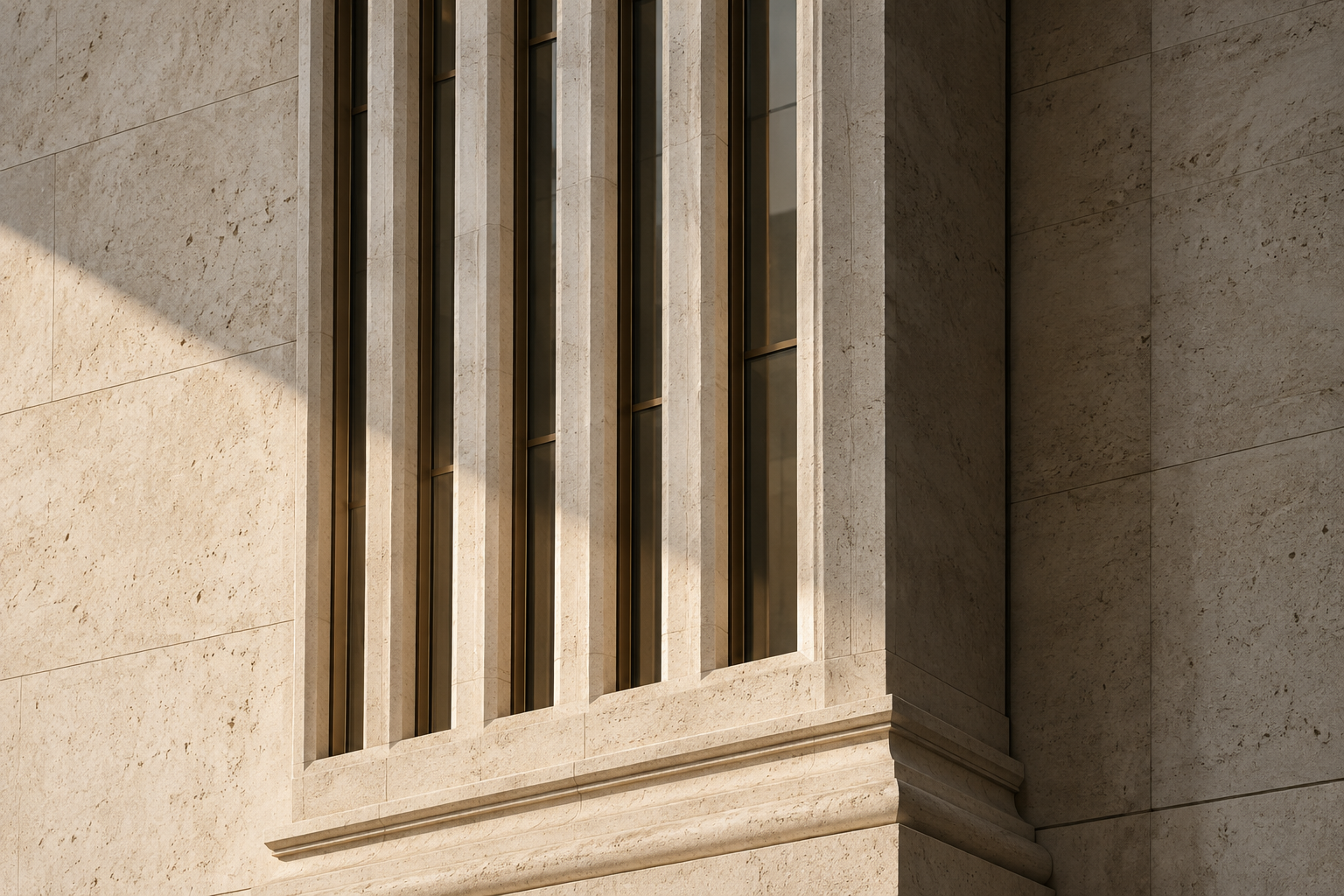Deeply carved stone window details in warm directional light